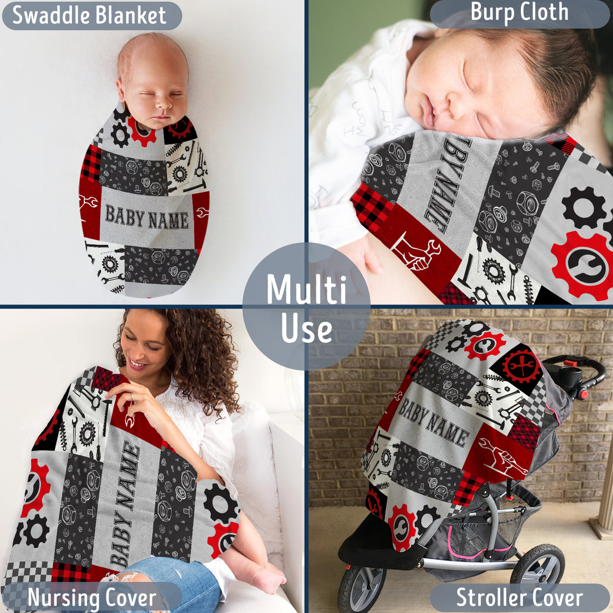 Mechanic Personalized Baby Blankets for Boys & Girls, Custom Swaddle Blanket - Red Plush for Newborns to Toddlers