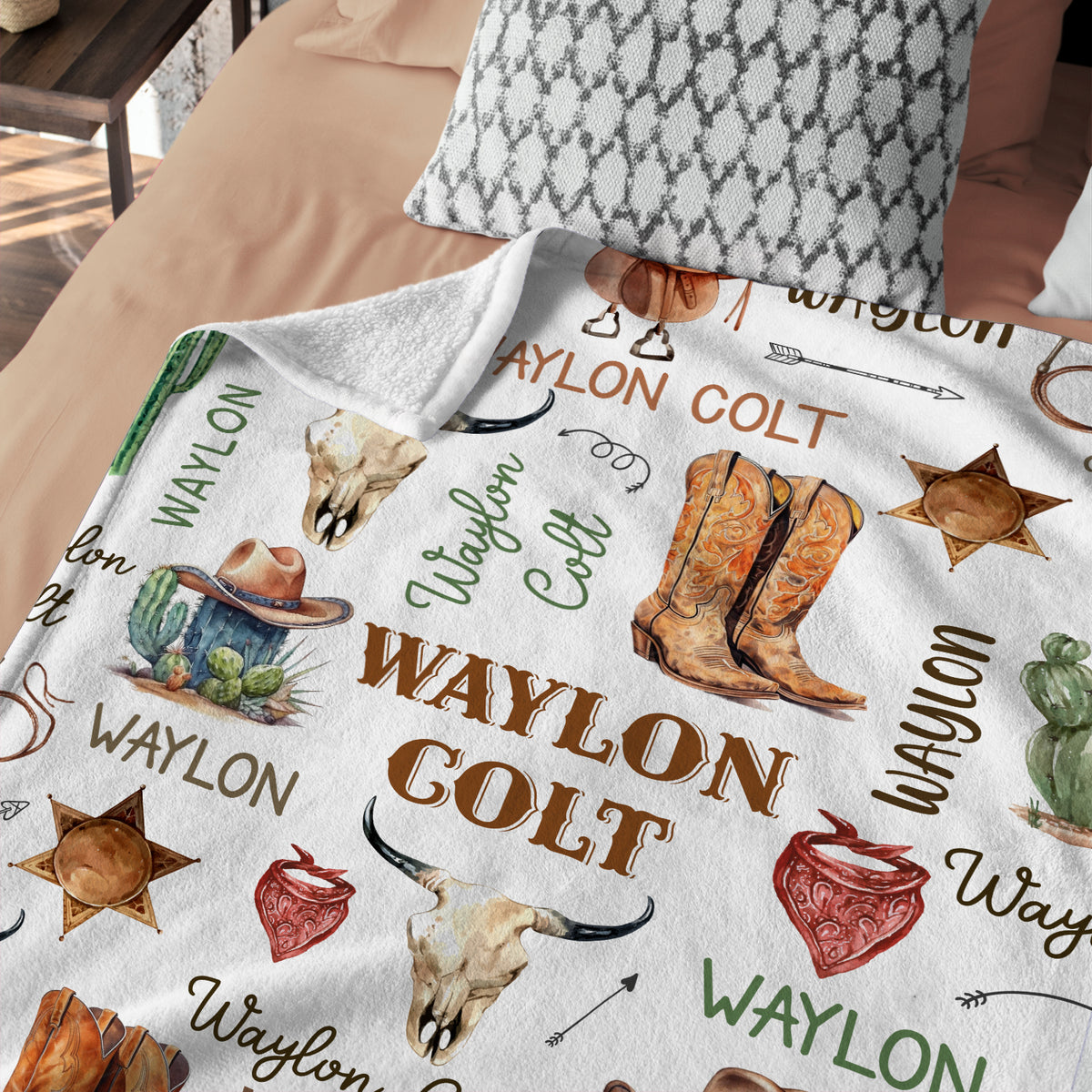 Monogrammed Blankets Cowboy Pattern, Western Baby Stuff, Personalized Baby Blankets for Boys Girls, Newborn Infant