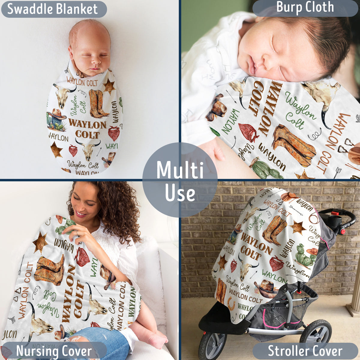 Monogrammed Blankets Cowboy Pattern, Western Baby Stuff, Personalized Baby Blankets for Boys Girls, Newborn Infant