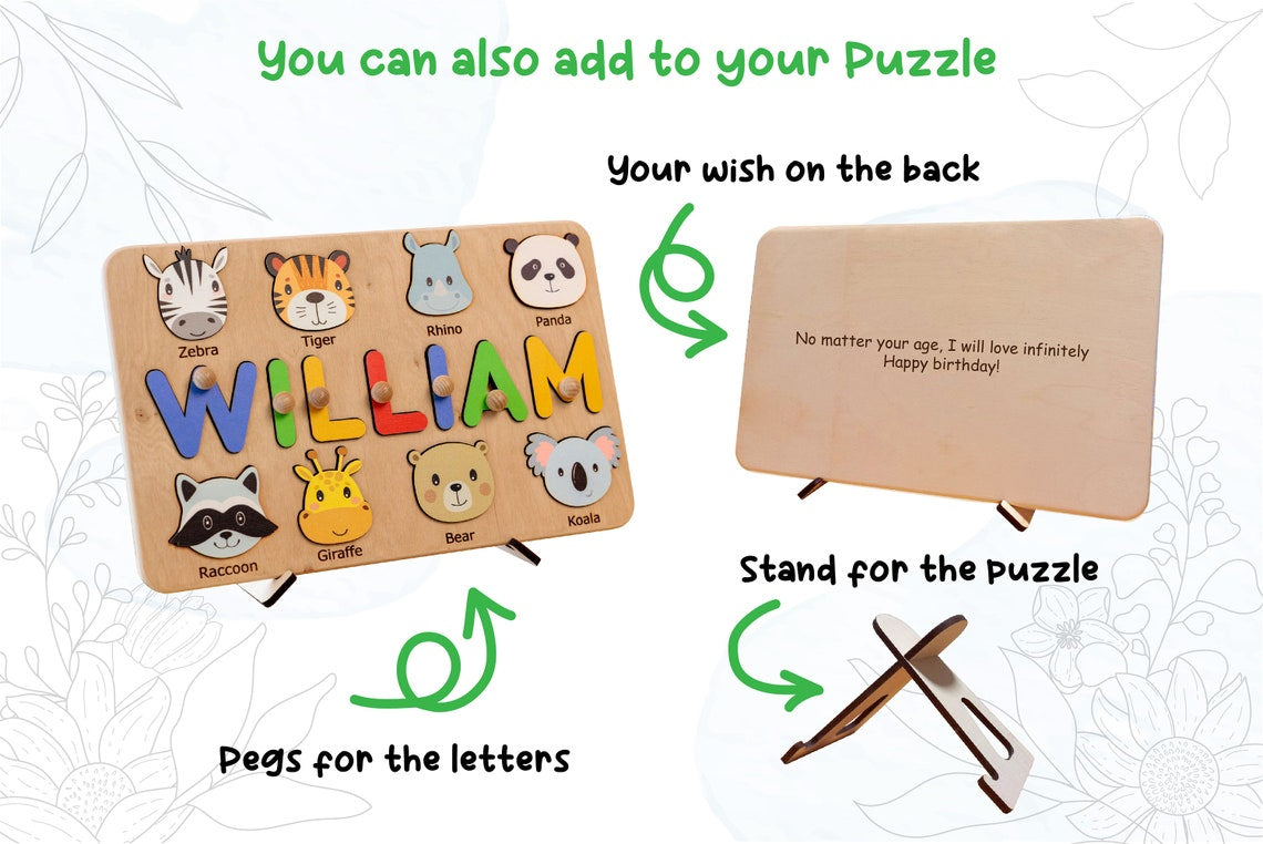 Personalized Animal Theme Wooden Name Puzzle Toy, Montessori Toys for Kids