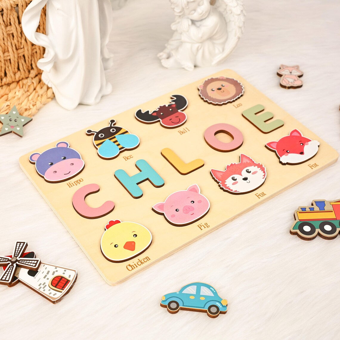 Personalized Animals Busy Board Puzzle, Wooden Name Puzzle, Nursery Decor, Custom Gifts for Kids, Wooden Toys for Baby, Toddler Gift