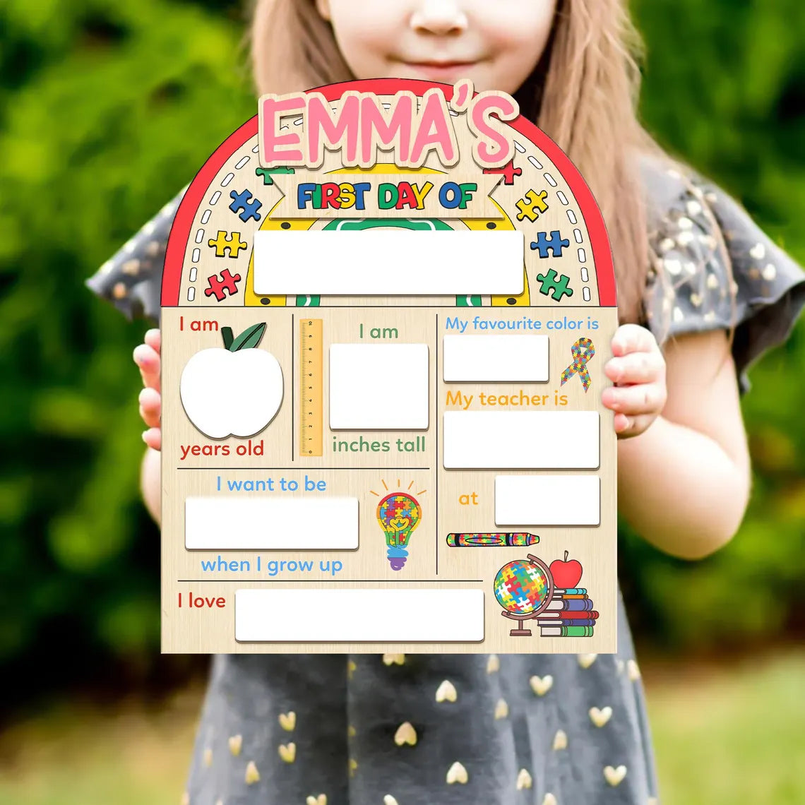Personalized Autism First & Last Day Of School Wooden Reusable School Sign, Back To School Sign For Autism Kids