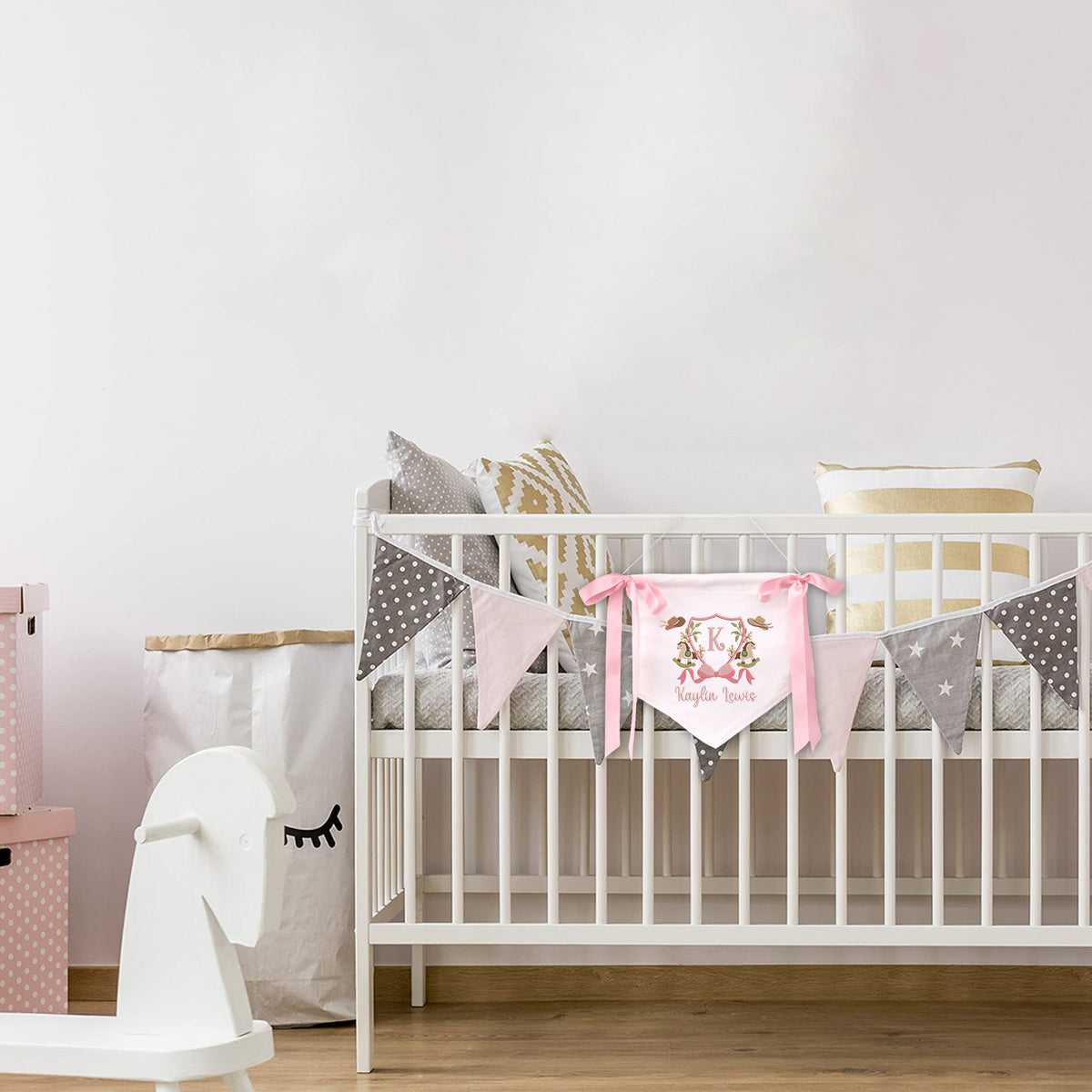 Personalized Baby Annoucement Sign, Baby Hospital Name Sign, Canvas Hanging Pennant Baby Flag, Baby Banner with BOWs