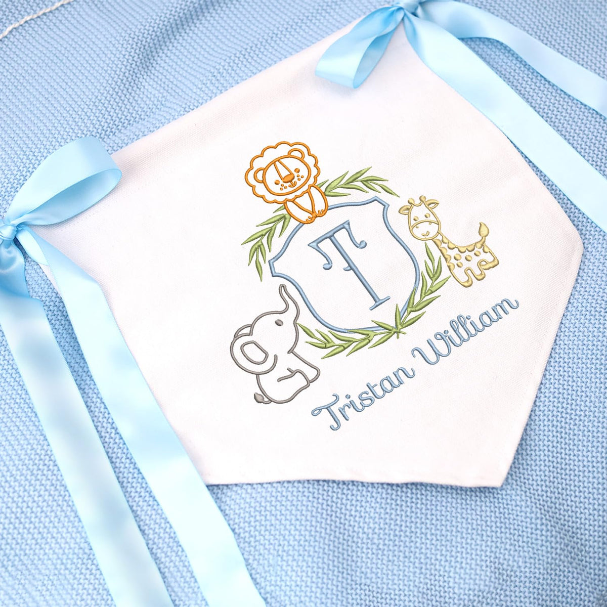 Personalized Baby Announcement Sign with Embroidered Animals, Baby Canvas Hanging Pennant Flag, Great gift for baby, Newborn Baby Banner with Bows Ribbon