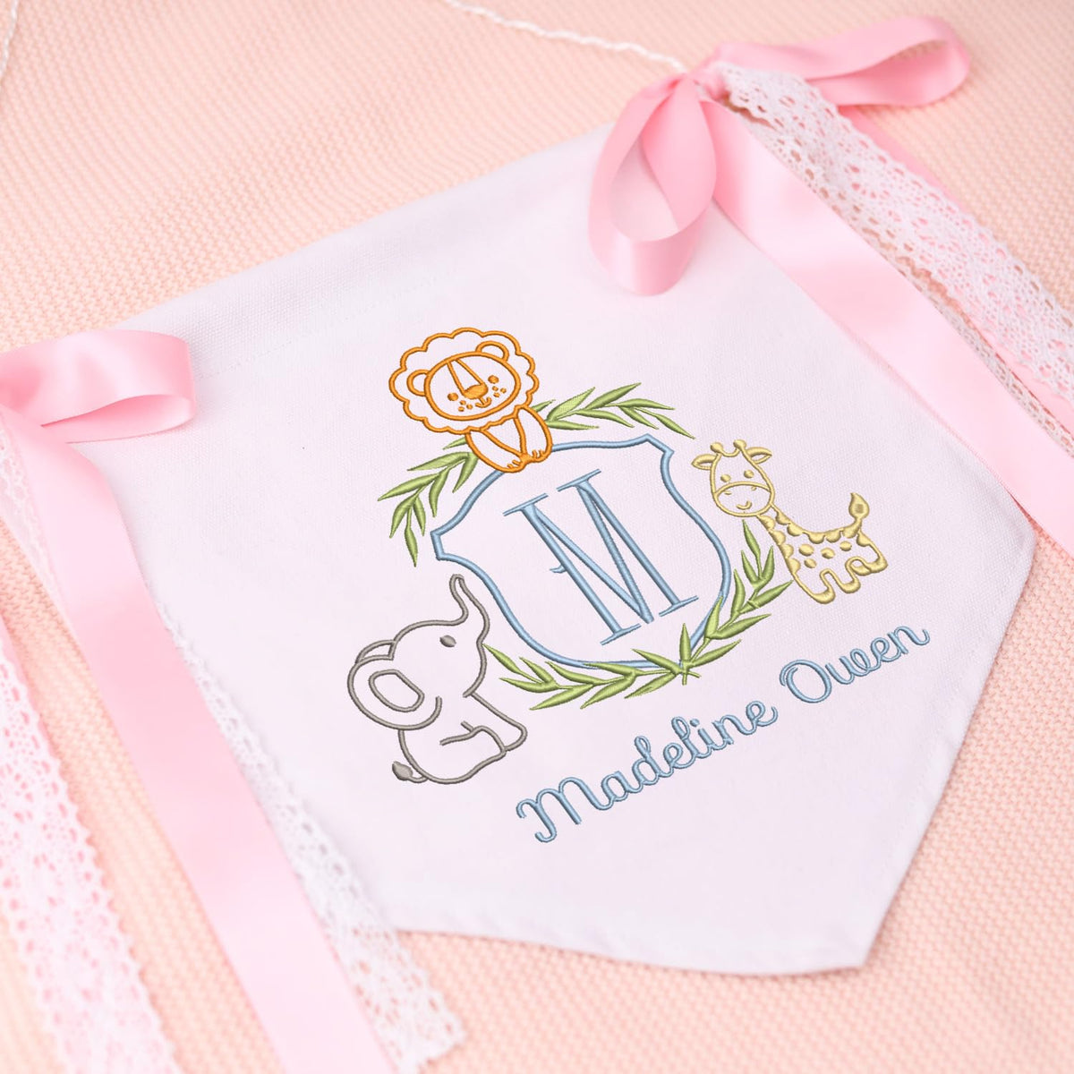 Personalized Baby Announcement Sign with Embroidered Animals, Baby Canvas Hanging Pennant Flag, Great gift for baby, Newborn Baby Banner with Bows Ribbon