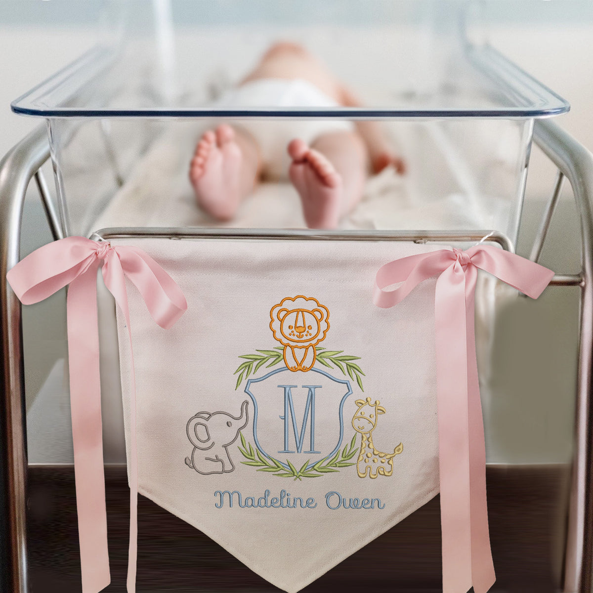 Personalized Baby Announcement Sign with Embroidered Animals, Baby Canvas Hanging Pennant Flag, Great gift for baby, Newborn Baby Banner with Bows Ribbon