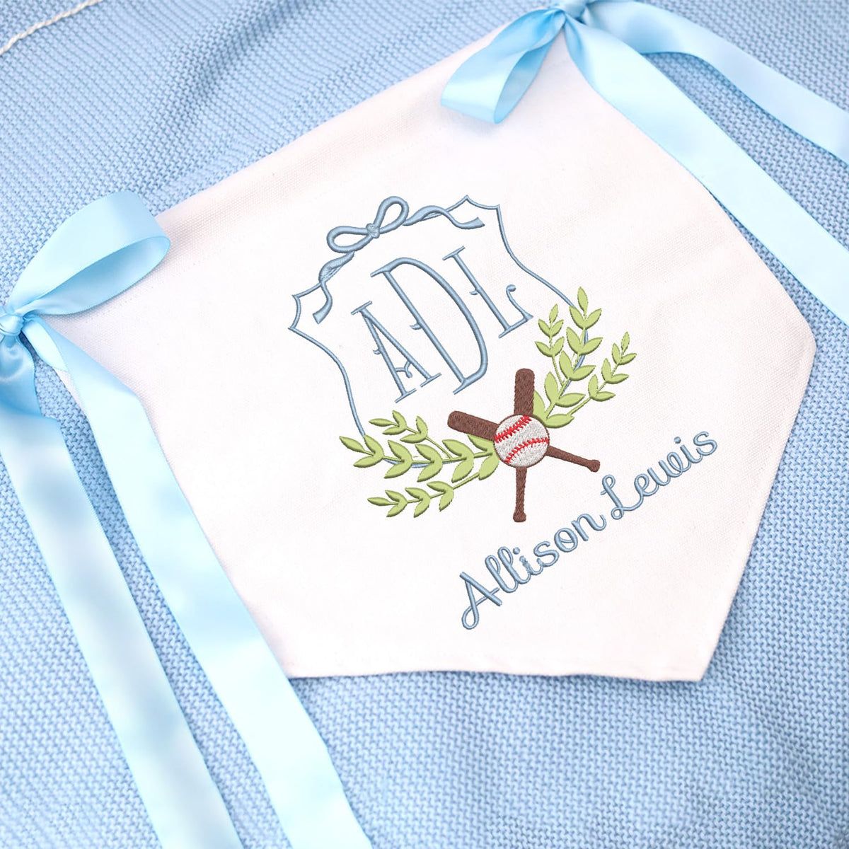 Personalized Baby Announcement Sign with Embroidered Ball Theme, Baby Canvas Hanging Pennant Flag, Newborn Baby Banner with Bows Ribbon