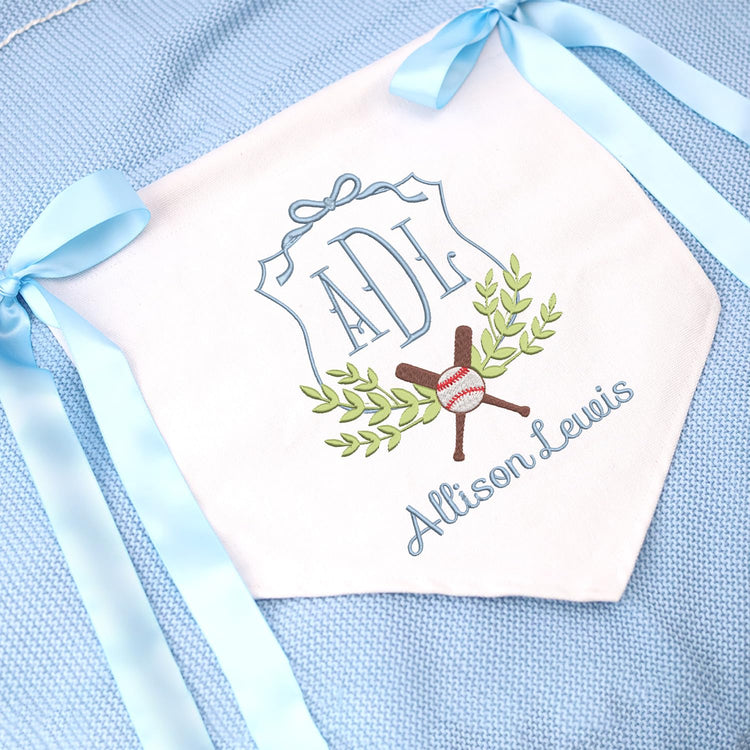 Personalized Baby Announcement Sign with Embroidered Ball Theme, Baby Canvas Hanging Pennant Flag, Newborn Baby Banner with Bows Ribbon