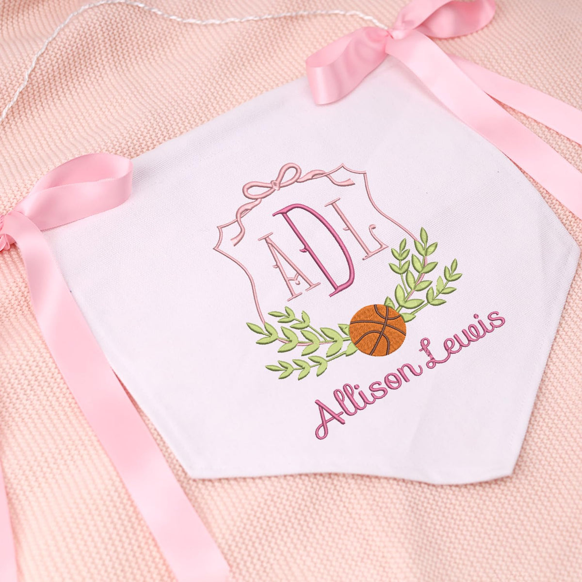Personalized Baby Announcement Sign with Embroidered Ball Theme, Baby Canvas Hanging Pennant Flag, Newborn Baby Banner with Bows Ribbon