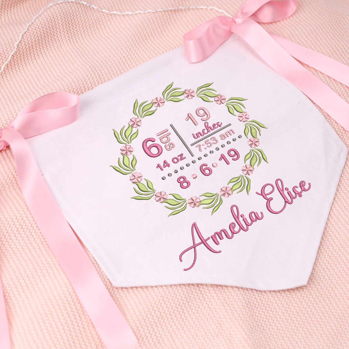 Personalized Baby Announcement Sign with Embroidered Birth Stat, Great gift for baby, Baby Canvas Hanging Pennant Flag, Newborn Baby Banner with Bows Ribbon