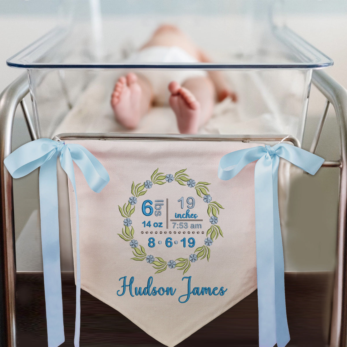 Personalized Baby Announcement Sign with Embroidered Birth Stat, Great gift for baby, Baby Canvas Hanging Pennant Flag, Newborn Baby Banner with Bows Ribbon