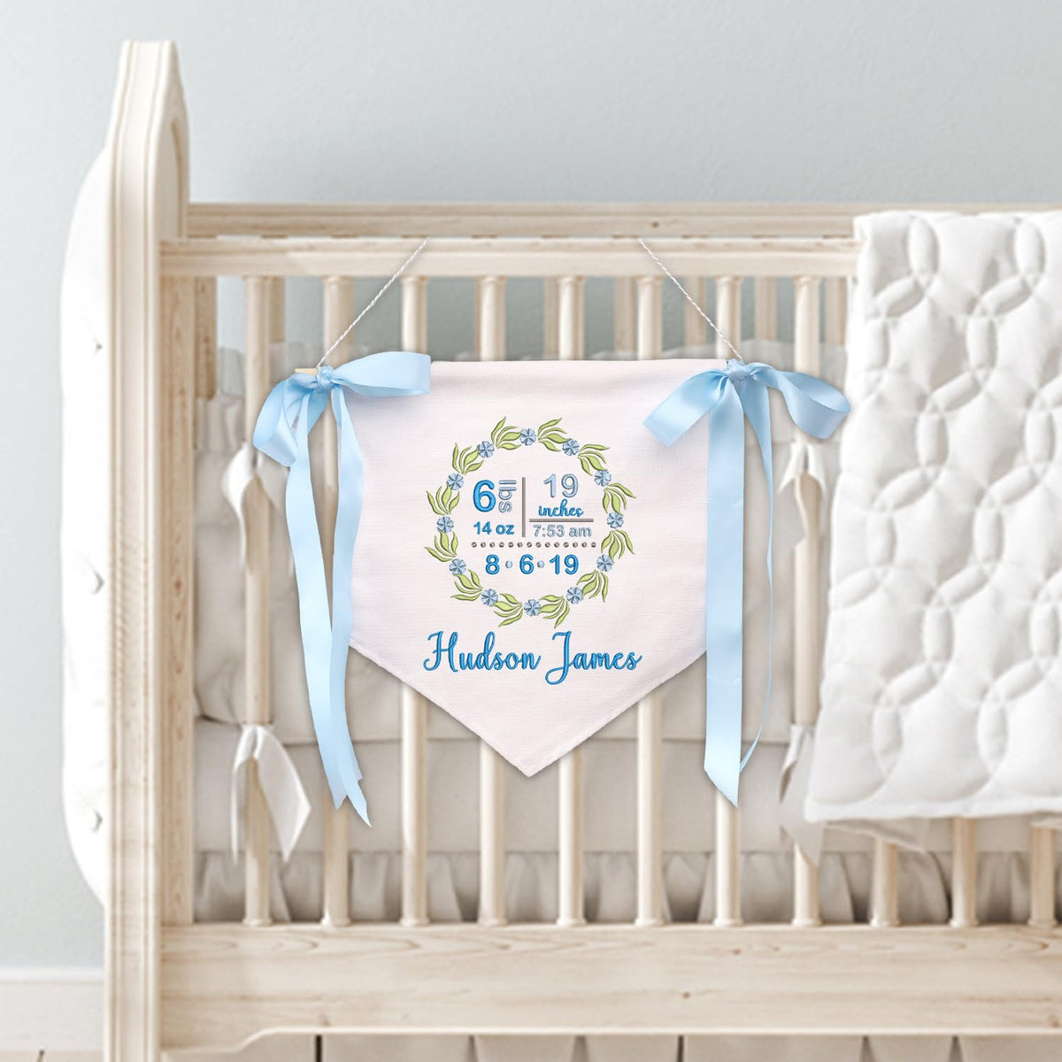 Personalized Baby Announcement Sign with Embroidered Birth Stat, Great gift for baby, Baby Canvas Hanging Pennant Flag, Newborn Baby Banner with Bows Ribbon