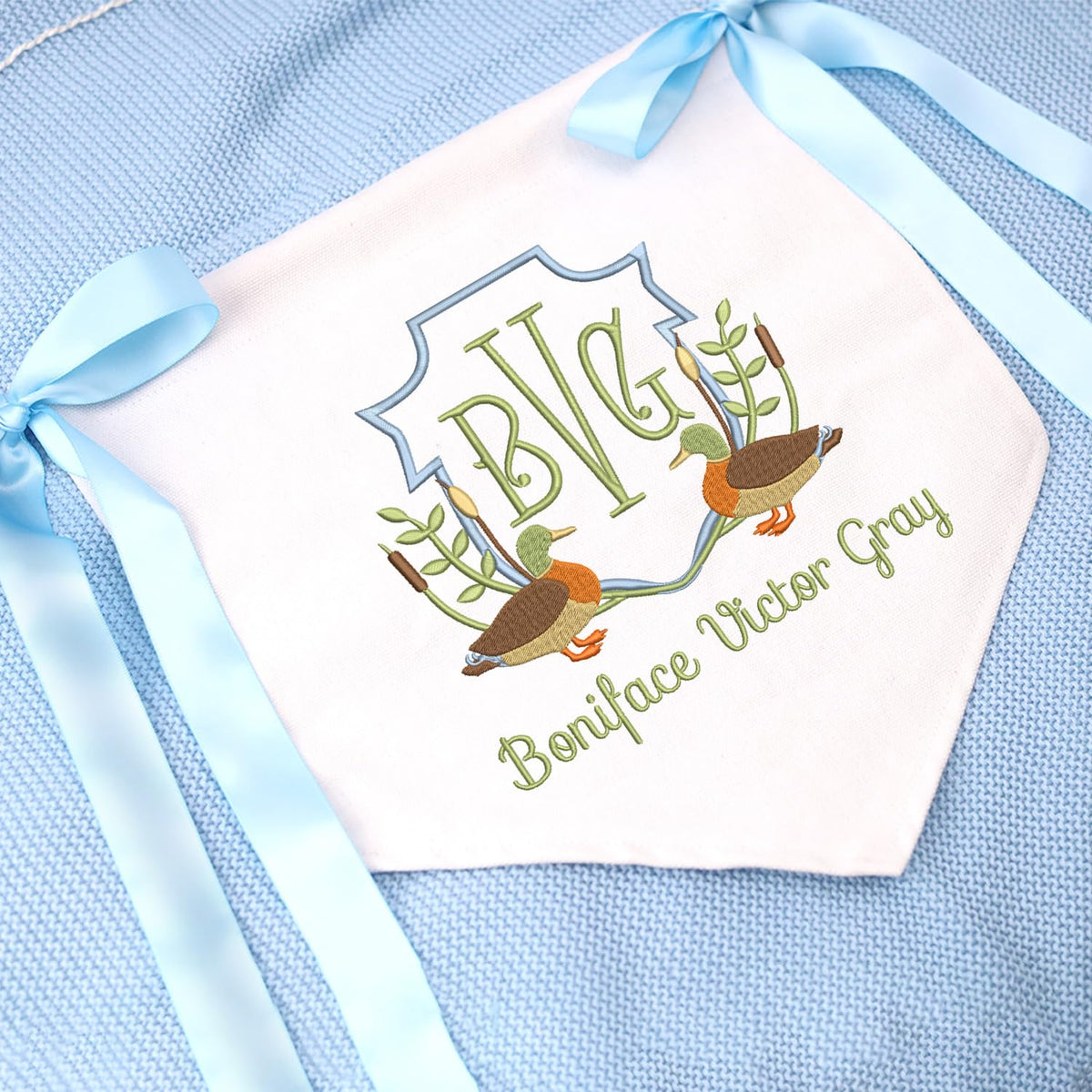 Personalized Baby Announcement Sign with Embroidered Hunting Duck, Baby Canvas Hanging Pennant Flag, Newborn Baby Banner with Bows Ribbon