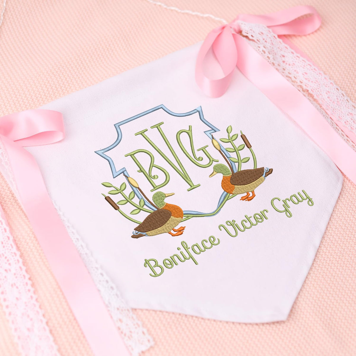 Personalized Baby Announcement Sign with Embroidered Hunting Duck, Baby Canvas Hanging Pennant Flag, Newborn Baby Banner with Bows Ribbon