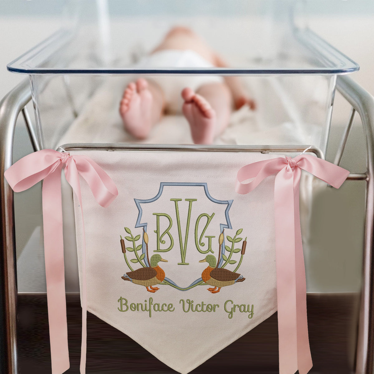Personalized Baby Announcement Sign with Embroidered Hunting Duck, Baby Canvas Hanging Pennant Flag, Newborn Baby Banner with Bows Ribbon