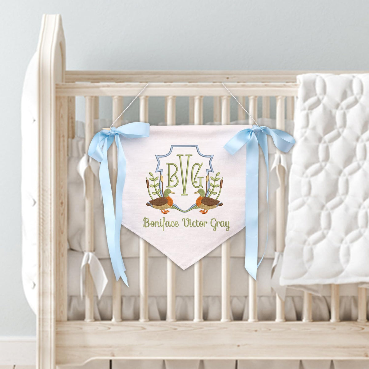 Personalized Baby Announcement Sign with Embroidered Hunting Duck, Baby Canvas Hanging Pennant Flag, Newborn Baby Banner with Bows Ribbon