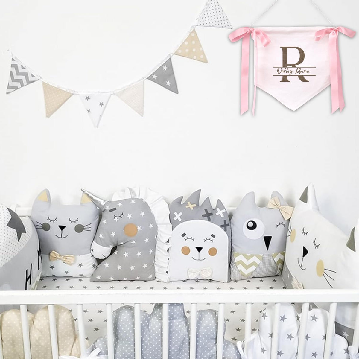 Personalized Baby Banner, Big Letter Embroidered Baby Name Flag, Welcome Banner, Hospital Door Sign, Baby Shower Banner with Bows