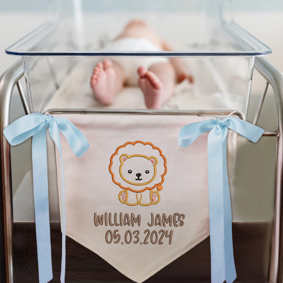 Personalized Baby Banner Flag, Baby Announcement Sign with Embroidered Animals, Baby Canvas Hanging Pennant Flag, Newborn Baby Banner with Bows Ribbon, Great gift for baby