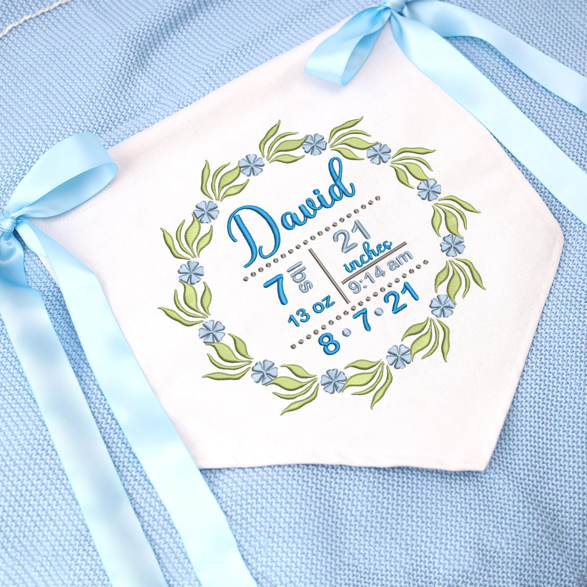 Personalized Baby Banner Flag, Baby Announcement Sign with Embroidered Birth Stat, Baby Canvas Hanging Pennant Flag, Newborn Baby Banner with Bows Ribbon