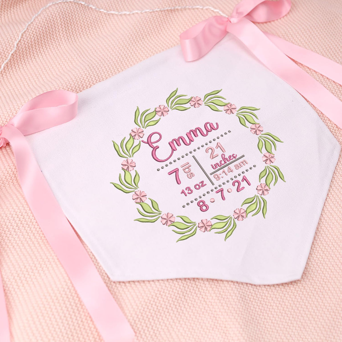 Personalized Baby Banner Flag, Baby Announcement Sign with Embroidered Birth Stat, Baby Canvas Hanging Pennant Flag, Newborn Baby Banner with Bows Ribbon