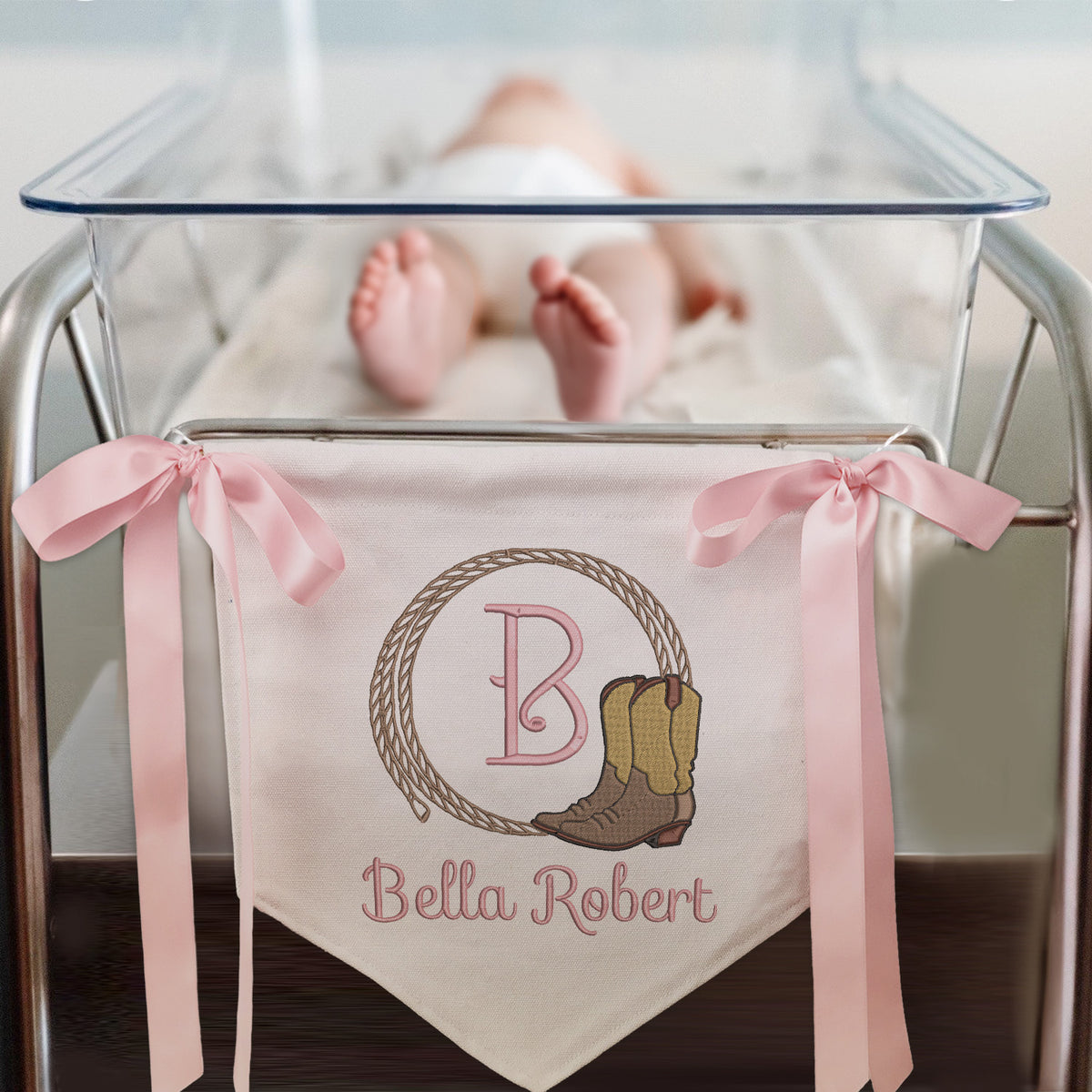 Personalized Baby Banner Flag, Baby Canvas Hanging Pennant Flag, Newborn Baby Banner with Bows Ribbon, Nursery Wall Crib Décor, Gift For Baby