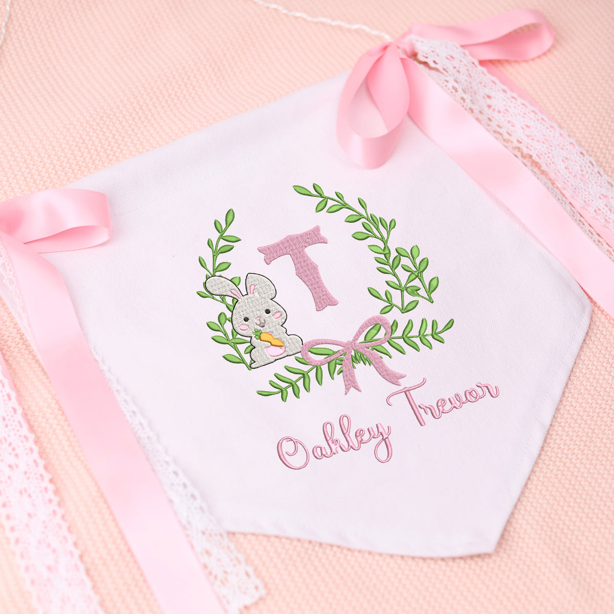 Personalized Baby Banner, Rabit Embroidered Baby Name Flag, Welcome Banner, Hospital Door Sign, Baby Shower Banner with Bows
