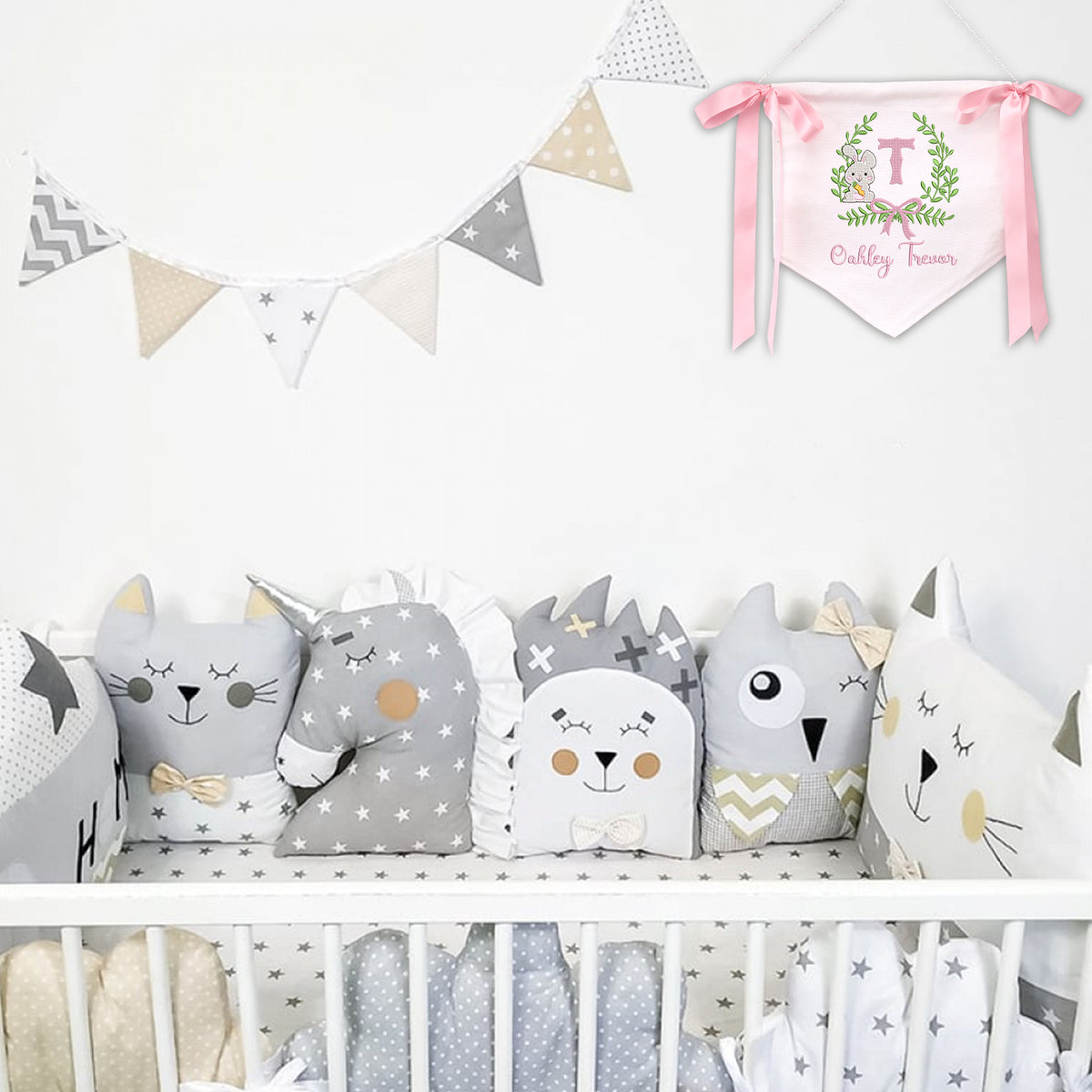 Personalized Baby Banner, Rabit Embroidered Baby Name Flag, Welcome Banner, Hospital Door Sign, Baby Shower Banner with Bows