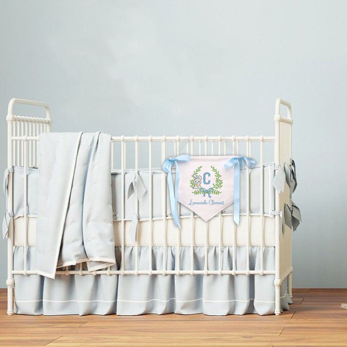 Personalized Baby Banner, Rabit Embroidered Baby Name Flag, Welcome Banner, Hospital Door Sign, Baby Shower Banner with Bows
