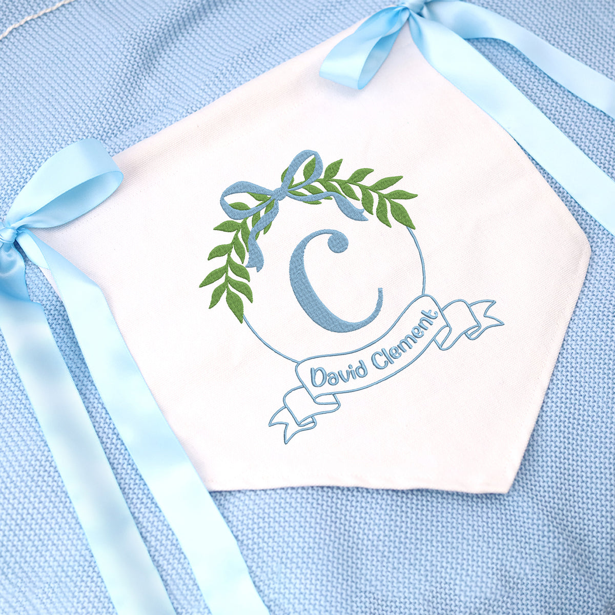 Personalized Baby Banner, Round Leaf Embroidered Baby Name Flag, Hospital Door Sign, Baby Shower Banner with Bows