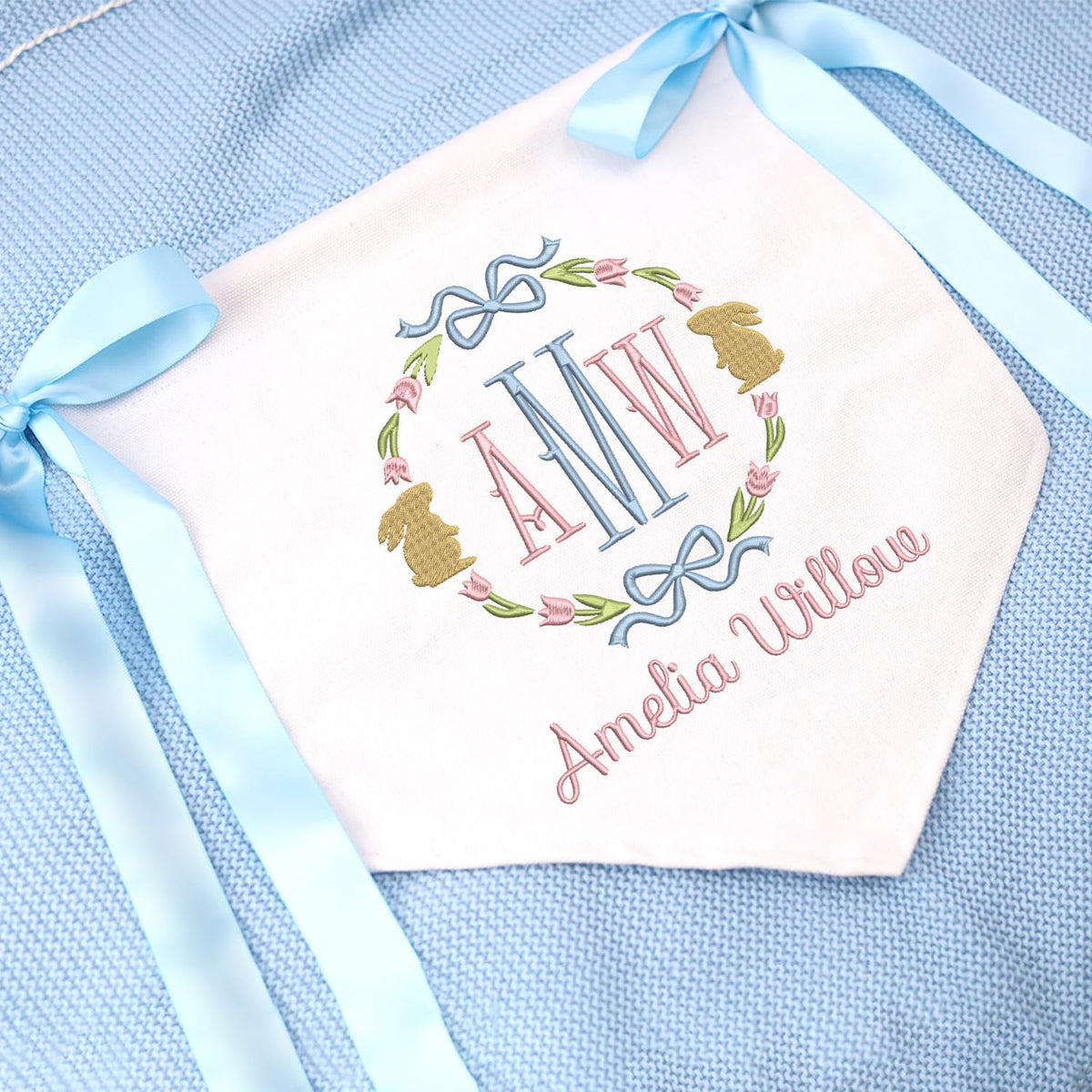 Personalized Baby Banner with Embroidered Rabbit Name, Welcome Banner, Baby Crib Hanging Pennant Flag, Baby Room Front Door Sign, Nursery Wall Décor
