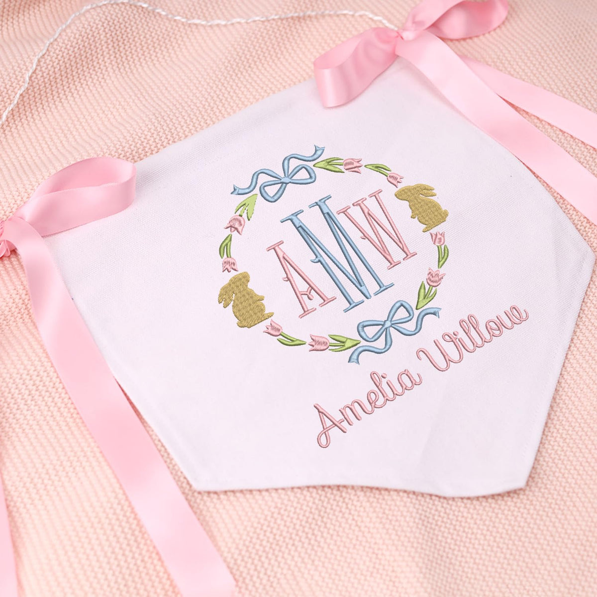 Personalized Baby Banner with Embroidered Rabbit Name, Welcome Banner, Baby Crib Hanging Pennant Flag, Baby Room Front Door Sign, Nursery Wall Décor