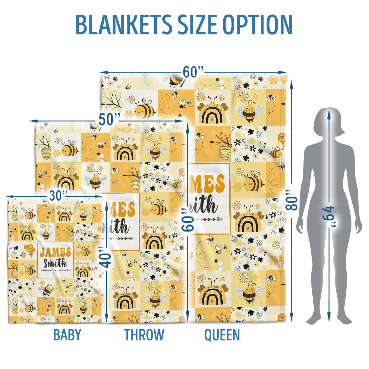 Personalized Baby Bee Blankets - Plush & Swaddle Blankets for Newborn (3 Sizes)