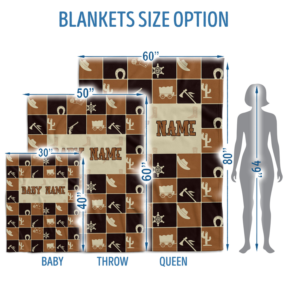 Personalized Baby Blanket for Baby - Western Cowboy Style, 3 Sizes Fleece Blankets for Infant Newborn Son