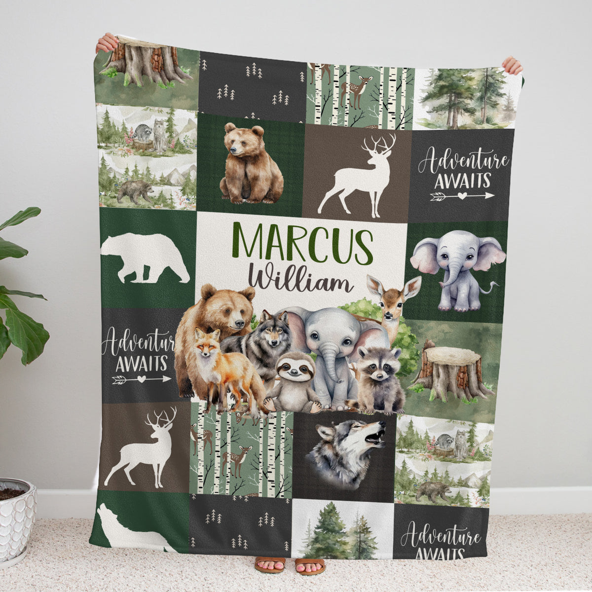 Personalized Baby Blanket for Boys Girl, Custom Name Blanket, Woodland Animal Nursery Decor, for Son Daughter