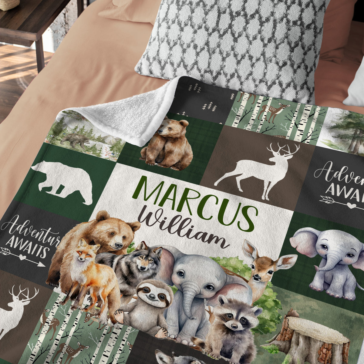 Personalized Baby Blanket for Boys Girl, Custom Name Blanket, Woodland Animal Nursery Decor, for Son Daughter