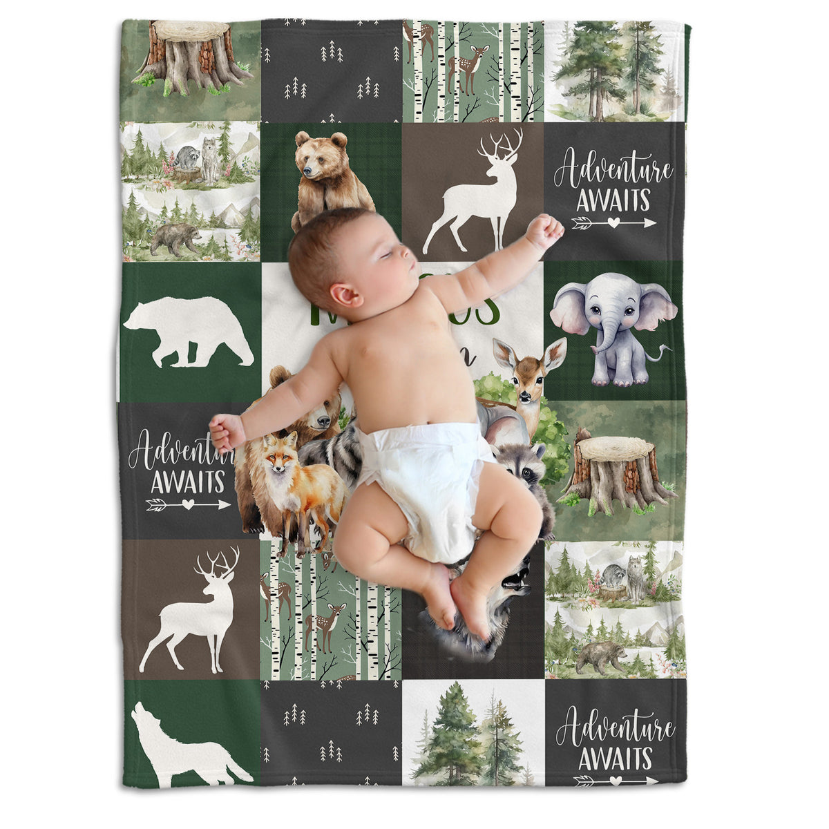 Personalized Baby Blanket for Boys Girl, Custom Name Blanket, Woodland Animal Nursery Decor, for Son Daughter