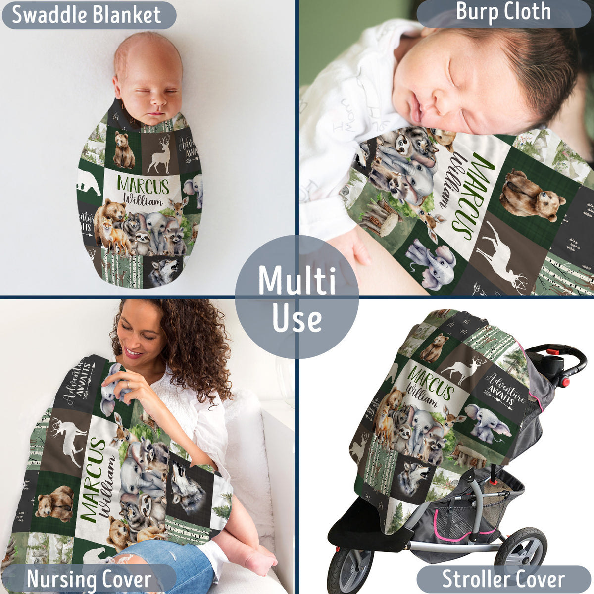 Personalized Baby Blanket for Boys Girl, Custom Name Blanket, Woodland Animal Nursery Decor, for Son Daughter