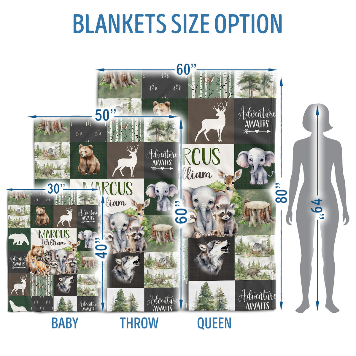 Personalized Baby Blanket for Boys Girl, Custom Name Blanket, Woodland Animal Nursery Decor, for Son Daughter