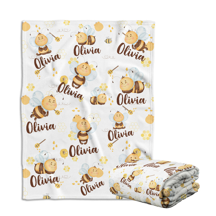 Personalized Baby Blanket for Girls - Bee Swaddle Blanket, Custom Name, 3 Sizes Plush for Daughter, Granddaughter, Newborn, Infant