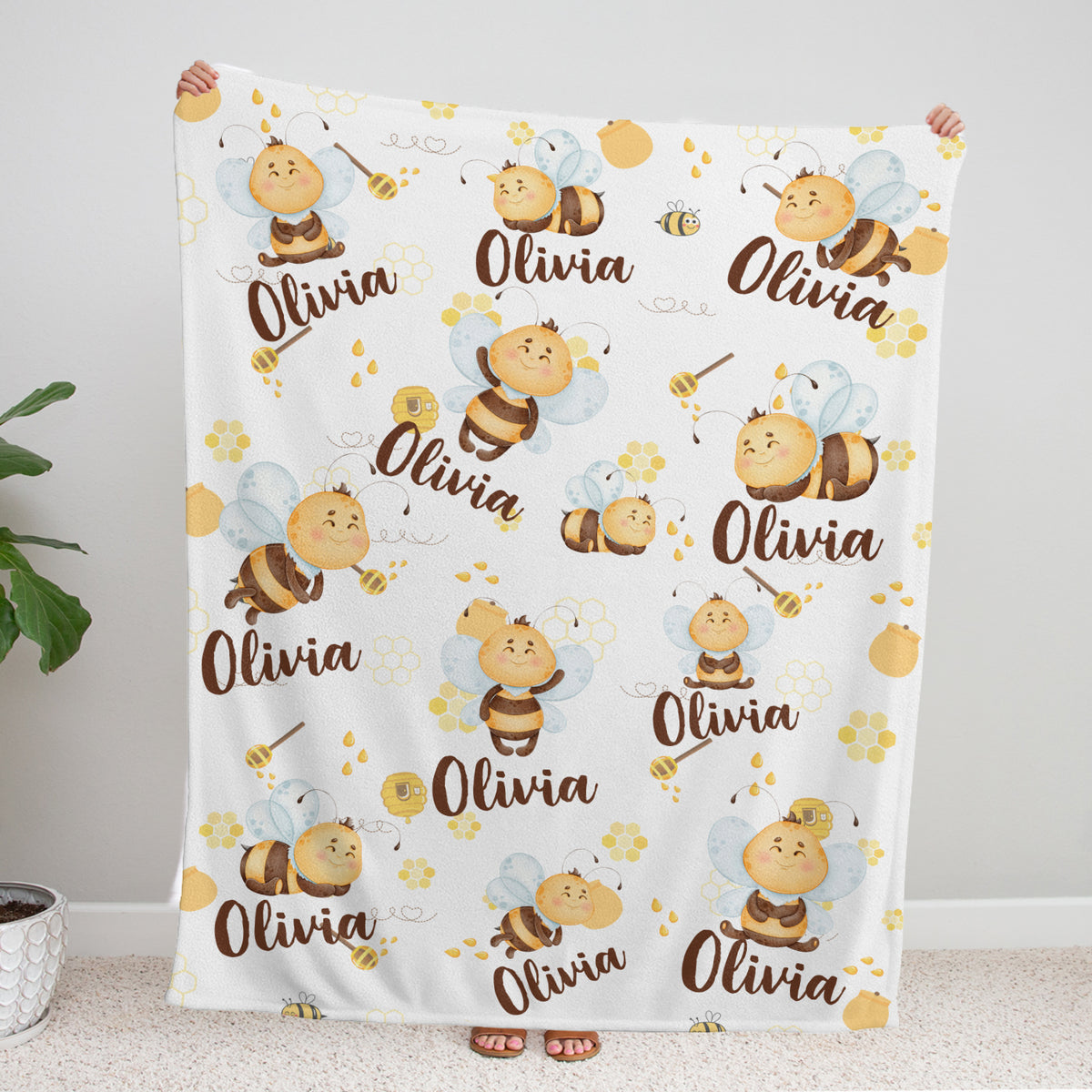 Personalized Baby Blanket for Girls - Bee Swaddle Blanket, Custom Name, 3 Sizes Plush for Daughter, Granddaughter, Newborn, Infant