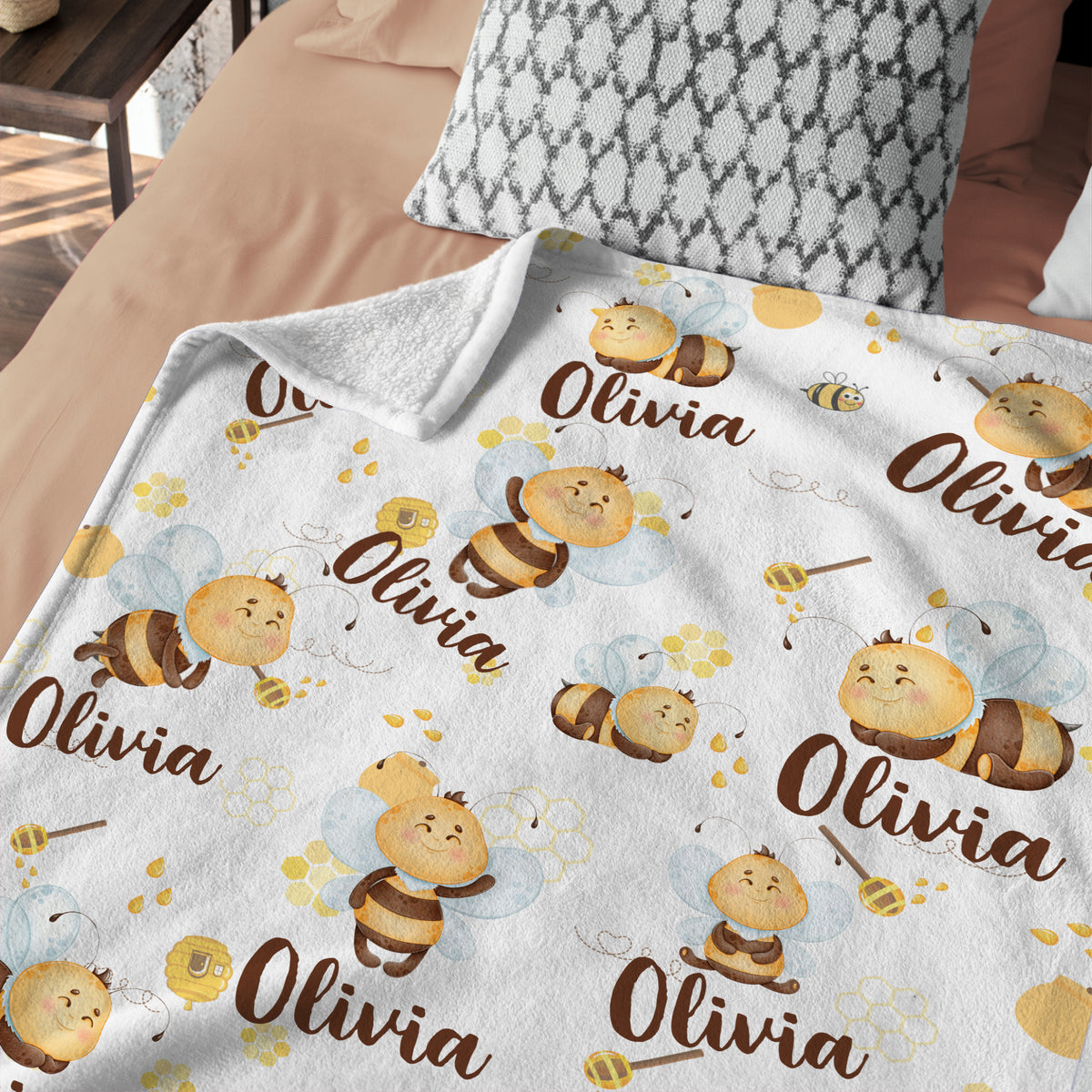Personalized Baby Blanket for Girls - Bee Swaddle Blanket, Custom Name, 3 Sizes Plush for Daughter, Granddaughter, Newborn, Infant