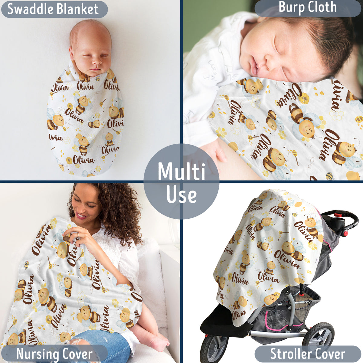 Personalized Baby Blanket for Girls - Bee Swaddle Blanket, Custom Name, 3 Sizes Plush for Daughter, Granddaughter, Newborn, Infant