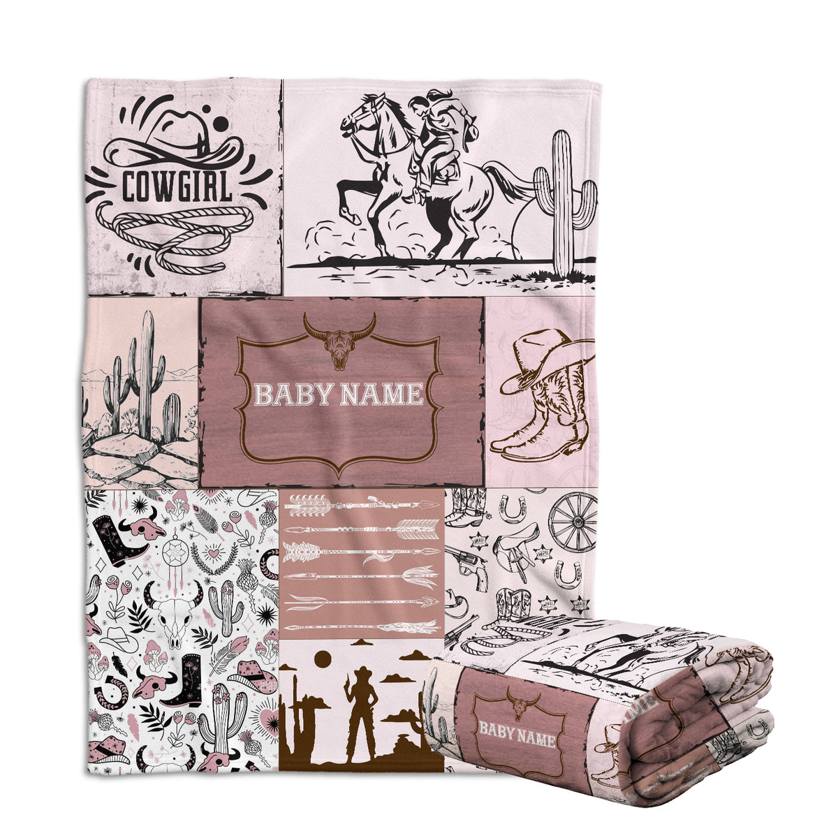 Personalized Baby Blanket for Girls, Pink Cowboy Style, Custom Name, 3 Sizes Fleece Blankets for Infant, Newborn Son & Daughter
