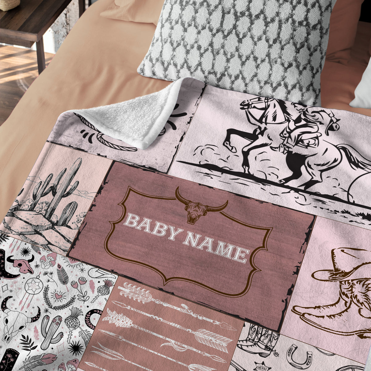 Personalized Baby Blanket for Girls, Pink Cowboy Style, Custom Name, 3 Sizes Fleece Blankets for Infant, Newborn Son & Daughter
