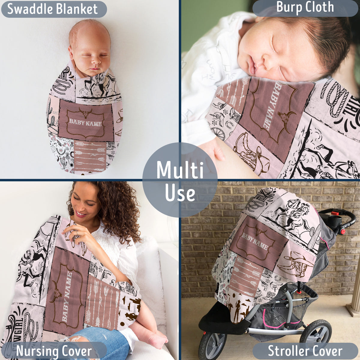 Personalized Baby Blanket for Girls, Pink Cowboy Style, Custom Name, 3 Sizes Fleece Blankets for Infant, Newborn Son & Daughter