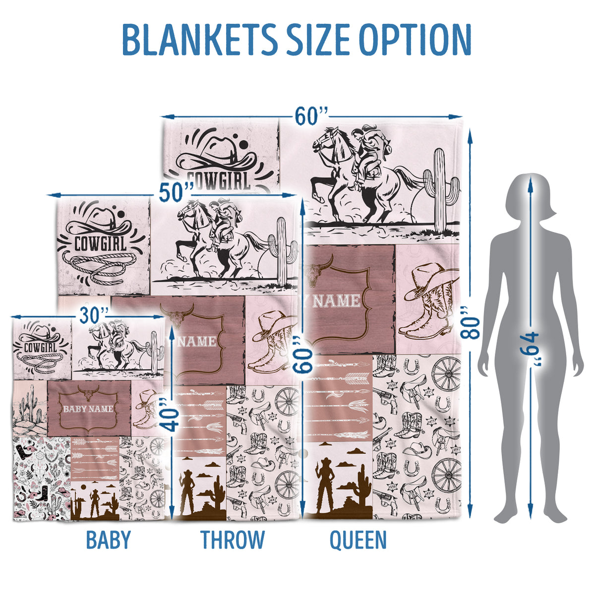 Personalized Baby Blanket for Girls, Pink Cowboy Style, Custom Name, 3 Sizes Fleece Blankets for Infant, Newborn Son & Daughter