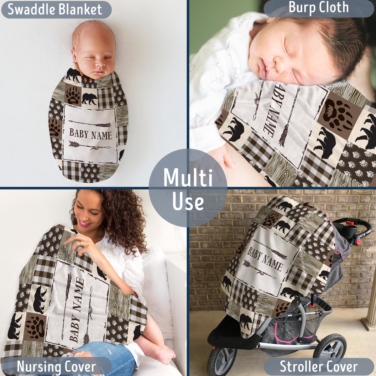 Personalized Baby Blankets, Baby Bear Blanket Custom Name, Swaddle Blanket, 3 Sizes Plush Blankets for Son Newborn Infant