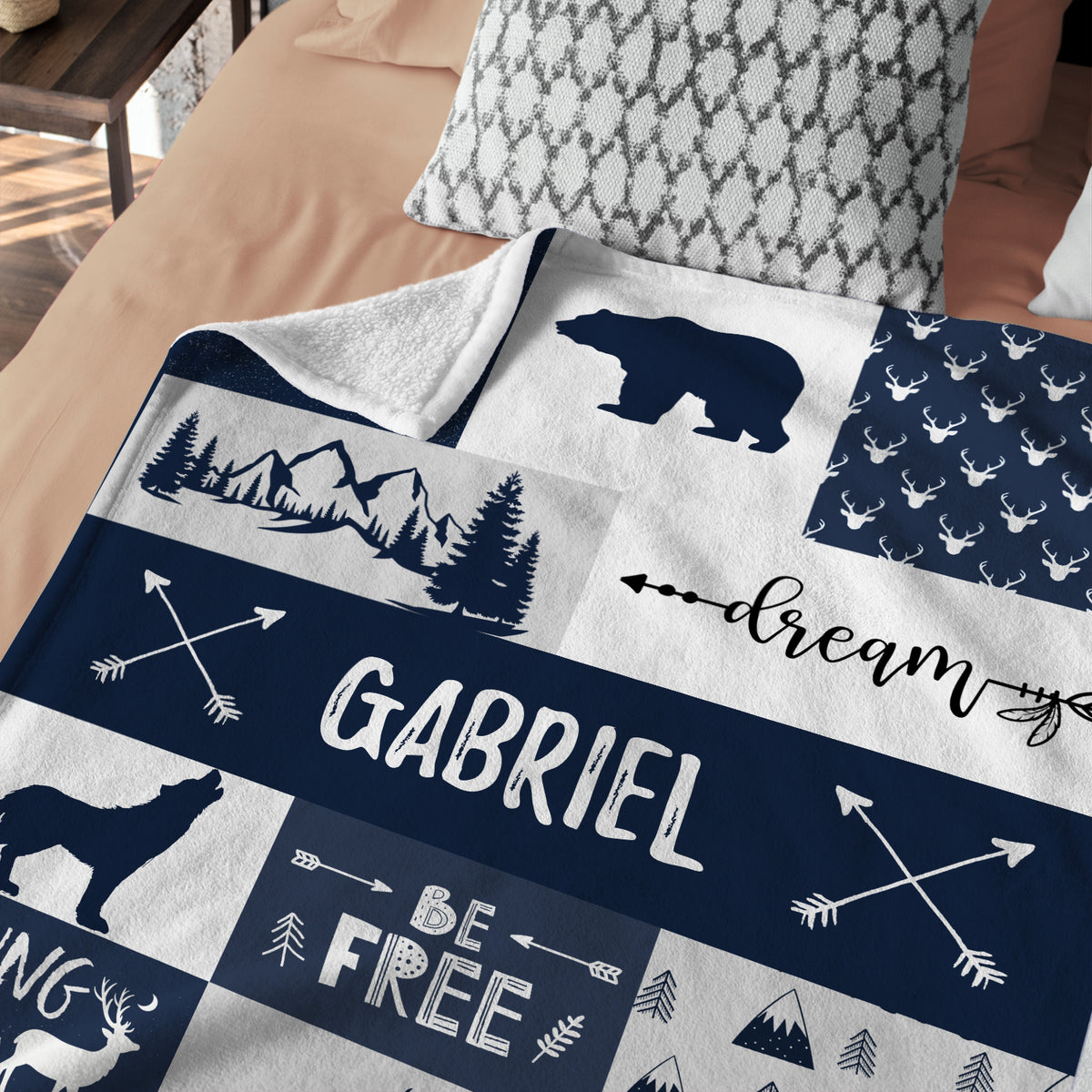 Personalized Baby Blankets, Blue Deer Bear Wolf Swaddle Blanket, 3 Sizes Plush Blankets for Baby Boy Son And Girls