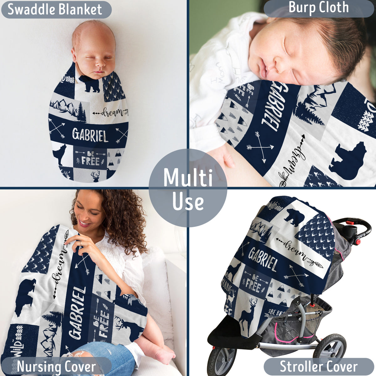 Personalized Baby Blankets, Blue Deer Bear Wolf Swaddle Blanket, 3 Sizes Plush Blankets for Baby Boy Son And Girls
