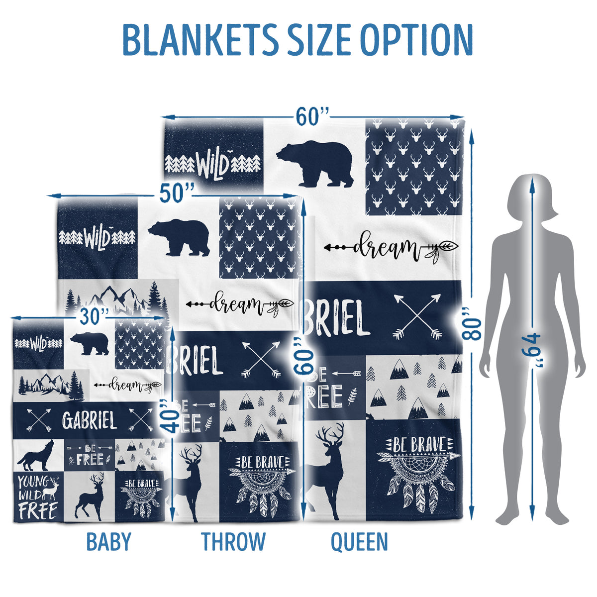 Personalized Baby Blankets, Blue Deer Bear Wolf Swaddle Blanket, 3 Sizes Plush Blankets for Baby Boy Son And Girls
